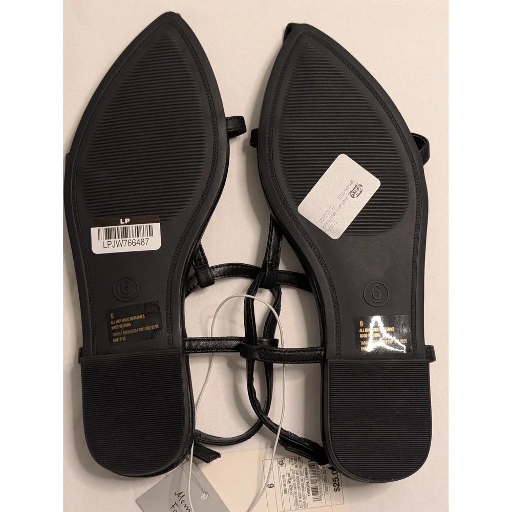 A New Day Mylah Strappy Pointed Toe Flat Sandals Black Memory Foam Womens 6